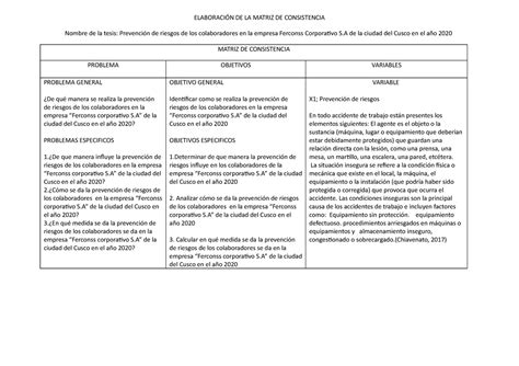 Matriz De Consistencia Tesis Elaboraci N De La Matriz De