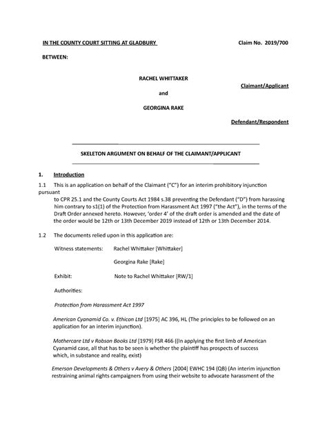 Advocacy Assessment 1 SKELETON ARGUMENT IN THE COUNTY COURT SITTING