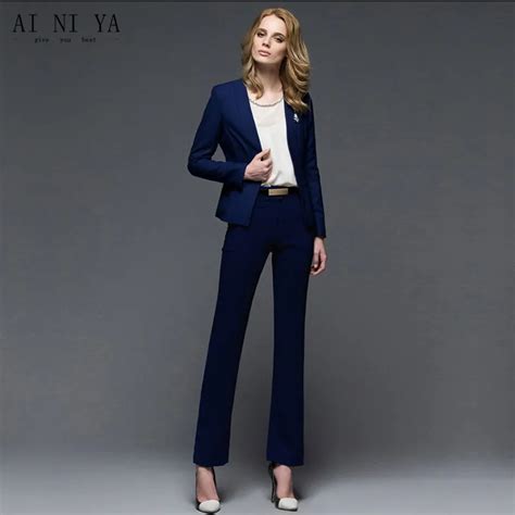 2018 Dark Blue Business Suits Womens Pants Suit Slim Fit Suit Figured 2 Piece Office Ladies