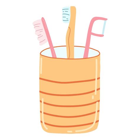 Premium Vector Hand Drawn Glass With Toothbrushes In Cartoon Flat Style Vector Illustration Of