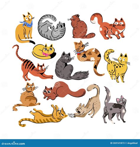 Cute And Funny Cats Doodle Set Cartoon Cat Or Kitten Characters Design