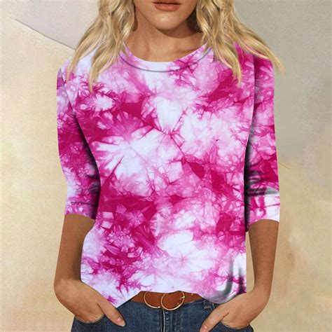 Dengdeng 3 4 Sleeve Loose Fit Ladies Tops Plus Size Tie Dye Floral