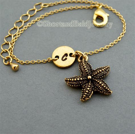 Starfish Charm Bracelet Star Fish Antique Gold Initial Etsy