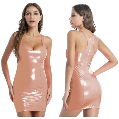 Women S Wet Look Patent Leather Bodycon Mini Dress Sexy Zipper Lingerie Clubwear Ebay