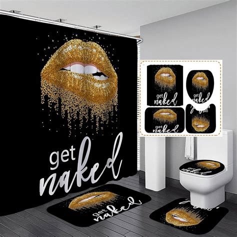 4PCS Set Get Naked Shower Curtain Set White Letters Funny Quotes Simple Modern Luxury Bathroom
