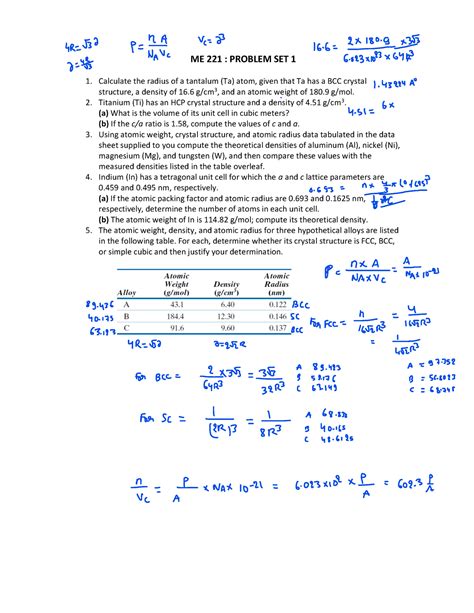 Problem Set 1 Me 221 Problem Set 1 Calculate The Radius Of A Tantalum Ta Atom Given That