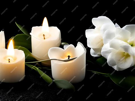 Premium AI Image | Burning candles and flowers on black background with ...