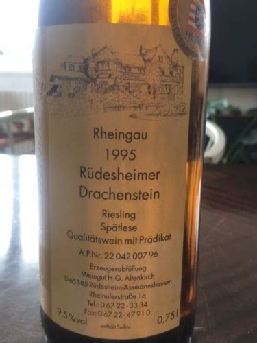 H G Altenkirch Rüdesheimer Drachenstein Riesling Spätlese Vivino US