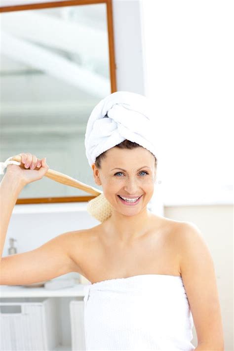 Funny Woman Washing Her Back Stock Image Image Of Back Positive