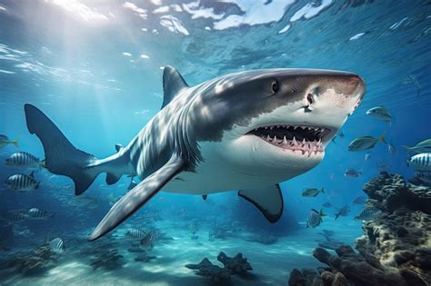 Premium Ai Image Huge Dangerous Shark Underwater Generative Ai