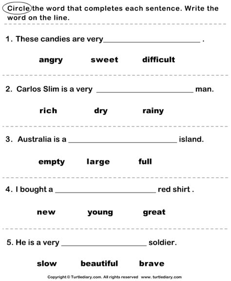 Complete The Sentence With Correct Adjective Worksheet Turtle Diary