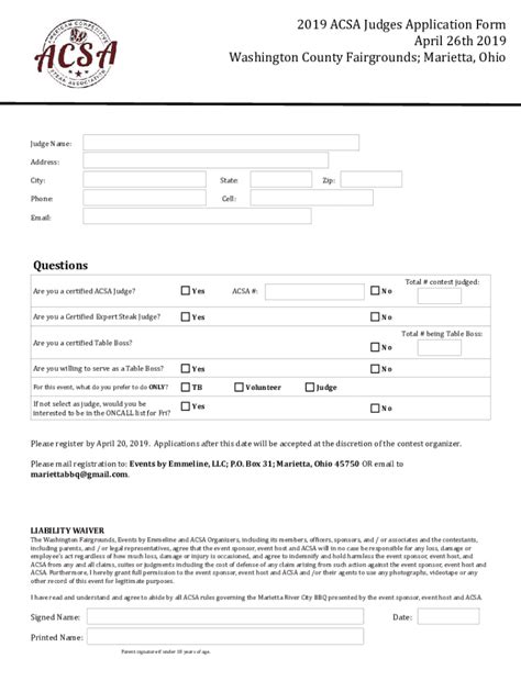 Fillable Online 2019 ACSA Judges Application Form Fax Email Print