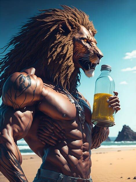 Premium Ai Image Muscular Lion With A Juice Bottle On The Beach Ai