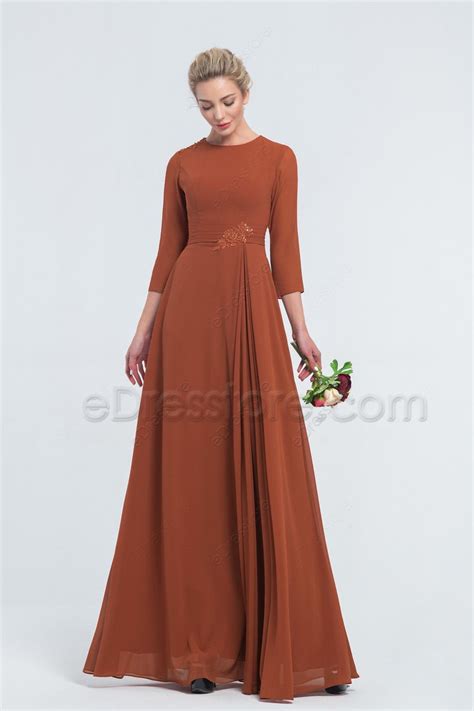 Modest Mormon Rust Color Bridesmaid Dresses With Sleeves Edresstore