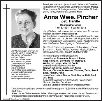 Traueranzeigen Von Anna Pircher Trauer Bz