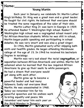 Martin Luther King Jr Reading Passages With Writing Prompts Tpt