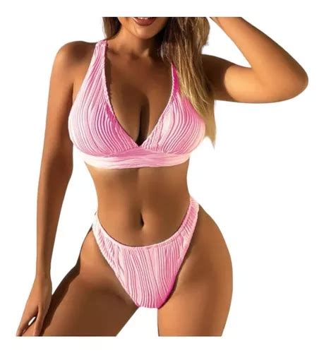 Bikini Biquíni Decote V Alças Largas Versátil Verão s Parcelamento sem juros