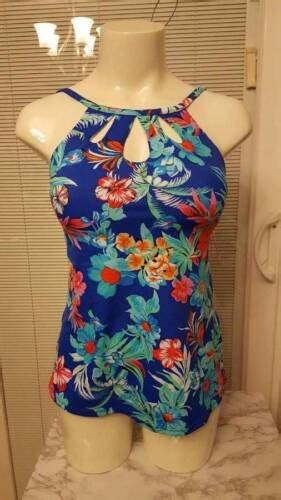 New St Johns Bay Swimwear Blue Floral Keyhole Halter Tankini Swim Top