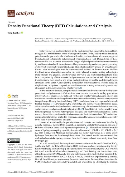 Pdf Density Functional Theory Dft Calculations And Catalysis