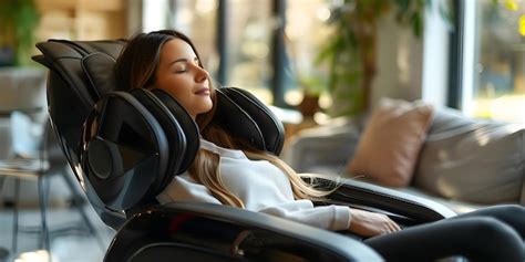 Premium Photo A Woman Enjoys A Massage Chair At Home Relaxing In