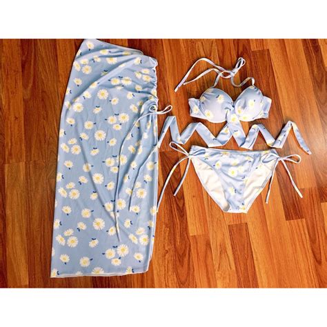 Bikini Đồ Bơi Đi Biển Hai Mảnh Set Món Quây Hoa Cúc Xanh Secxy