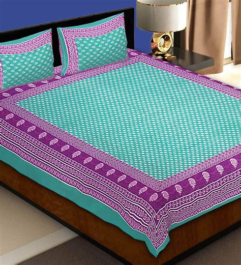 Buy Blue Traditional 200 Tc Cotton 1 Double King Size Bedsheet With 2