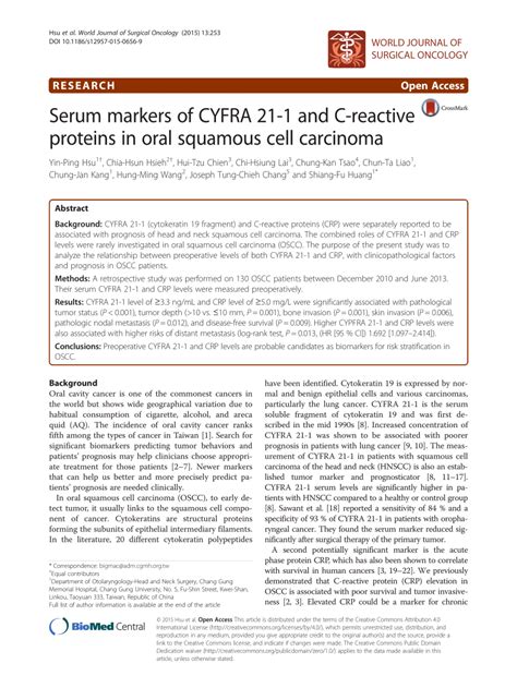 PDF Serum Markers Of CYFRA 21 1 And C Reactive Proteins In Oral