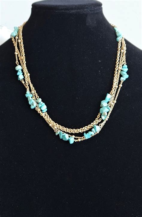 S Long Gold Tone Chain With Faux Turquoise Chips Gem