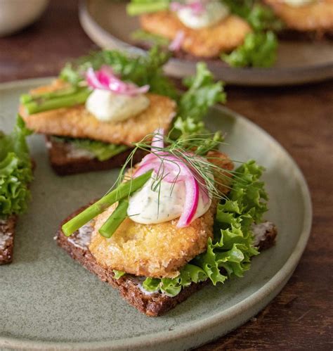 Danish Smørrebrød Open Faced Sandwich Fried Cod Roe With Dill Mayo