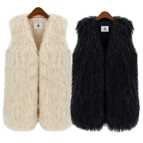 Women Sleeveless Jacket Long Hair Fluffy Waistcoat Chic Trim Faux Fur Winter Vest Exotic Boho