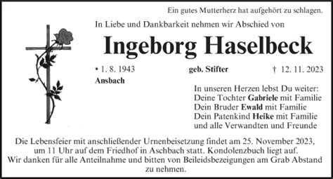 Traueranzeigen Von Ingeborg Haselbeck Trauer Flz De