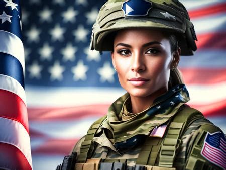 A Woman In A Military Uniform Next To An American Flag Image Design