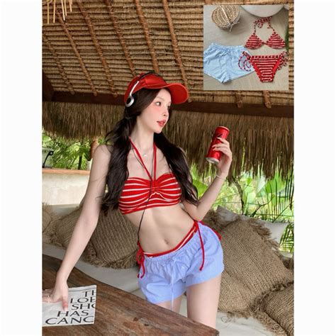 Sẵn Hoả tốc 𝐓𝐡𝐞𝐡𝐞𝐫𝐦𝐢𝐭 Bikini Mảnh Phong Cách Mỹ Đồ Bơi Sexy Kèm Quần Short Sọc Năng