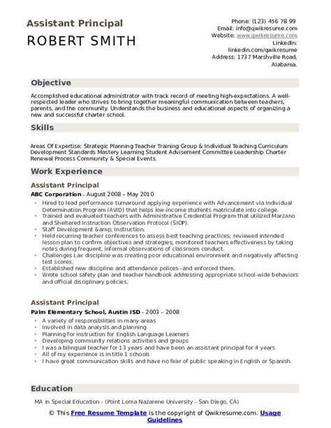 Assistant Principal Resume Samples Qwikresume