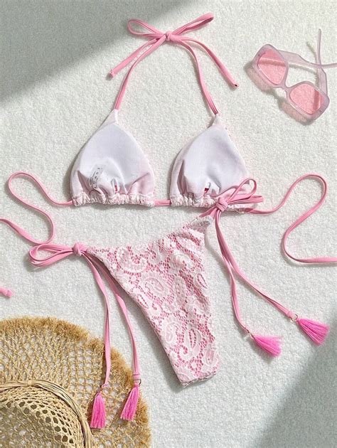 Swim Mod Bikini Set für Damen mit Wasserlöslicher Spitze Neckholder Neck Bikini Set Bademode