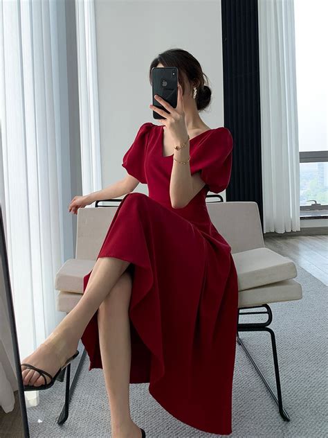 Summer New Elegant Midi Red Dress For Women 2022 Korean Solid A Line Robe Femme Fashion Office