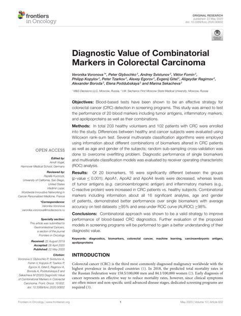 Pdf Diagnostic Value Of Combinatorial Markers In Colorectal Carcinoma