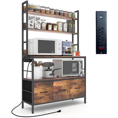 Naiyufa Tier Bakers Rack Brown Wood Kitchen Shelf With Storage