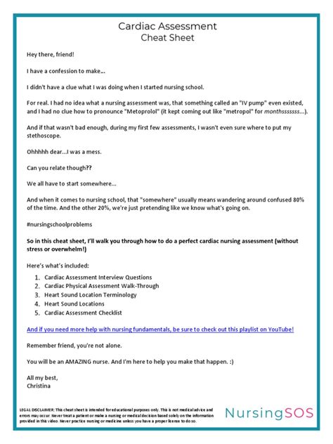 Cardiac Assessment Cheat Sheet | PDF | Heart | Physiology