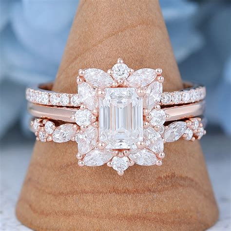 Rose Gold Unique Emerald Cut Moissanite Engagement Ring Set