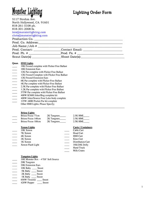 Fillable Online Monster Lighting Lighting Order Form Fax Email Print Pdffiller