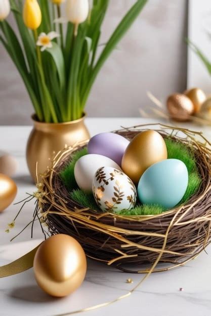 Premium Photo Easter Still Life With Eggs In A Nest And Spring Fresh