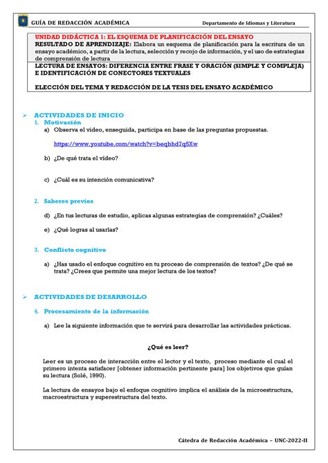 EL Esquema DE Planificación DEL Ensayo Semana 2 UNIDAD DIDCTICA 1