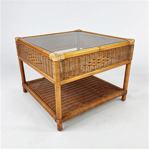 Vintage Bamboo And Rattan Side Table With Smoked Glass Top