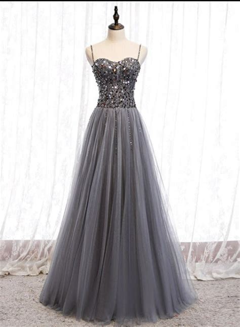 Grey Beaded Straps Sweetheart Shiny Tulle Long Party Dresses Grey Long