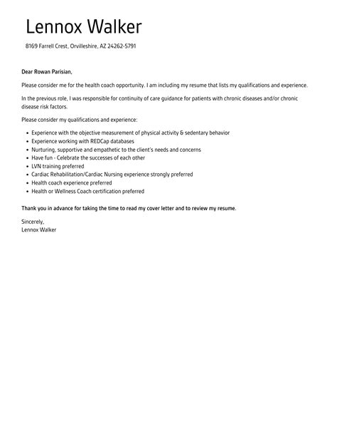 Health Coach Cover Letter Velvet Jobs