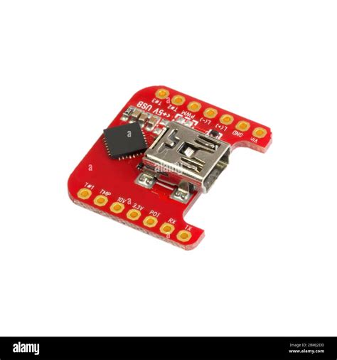 Red Universal Usb To Ttl Pcb Board Surface Mount Components In A Close