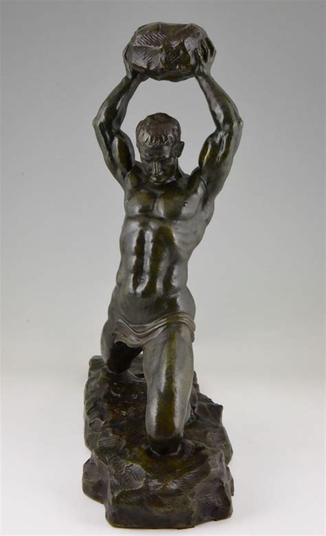 Art Deco Bronze Of Male Nude Athlete With Rock Deconamic