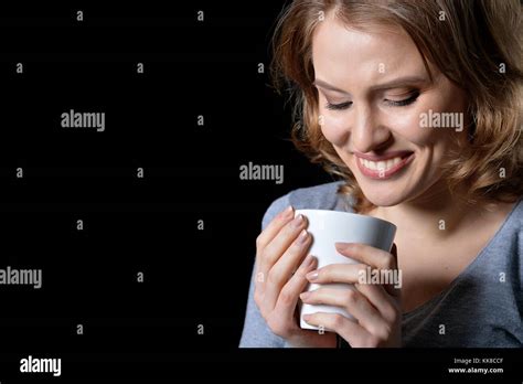 Nice Blonde With Cup Stock Photo Alamy