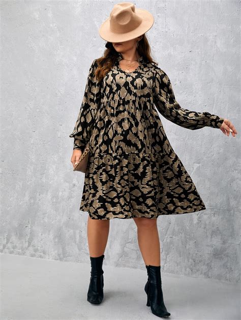 Shein Lune Plus Allover Print Lantern Sleeve Smock Dress Shein Uk